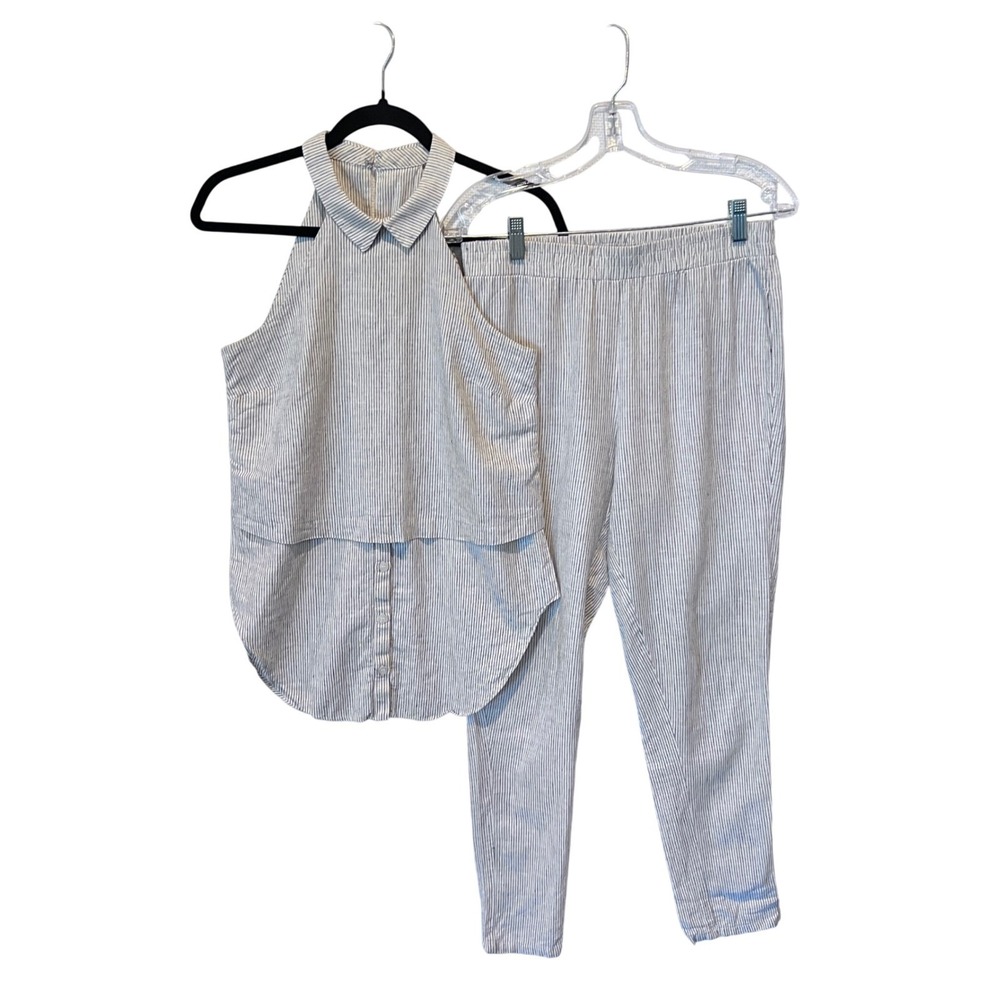 BCBGeneration Navy White Pinstripe Linen Cotton Halter Top and Pants Set XS